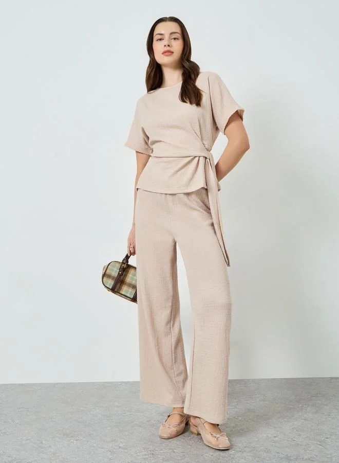Styli  Women Cream Textured Top and Wide Leg Pants Set for Women | Best Price UAE